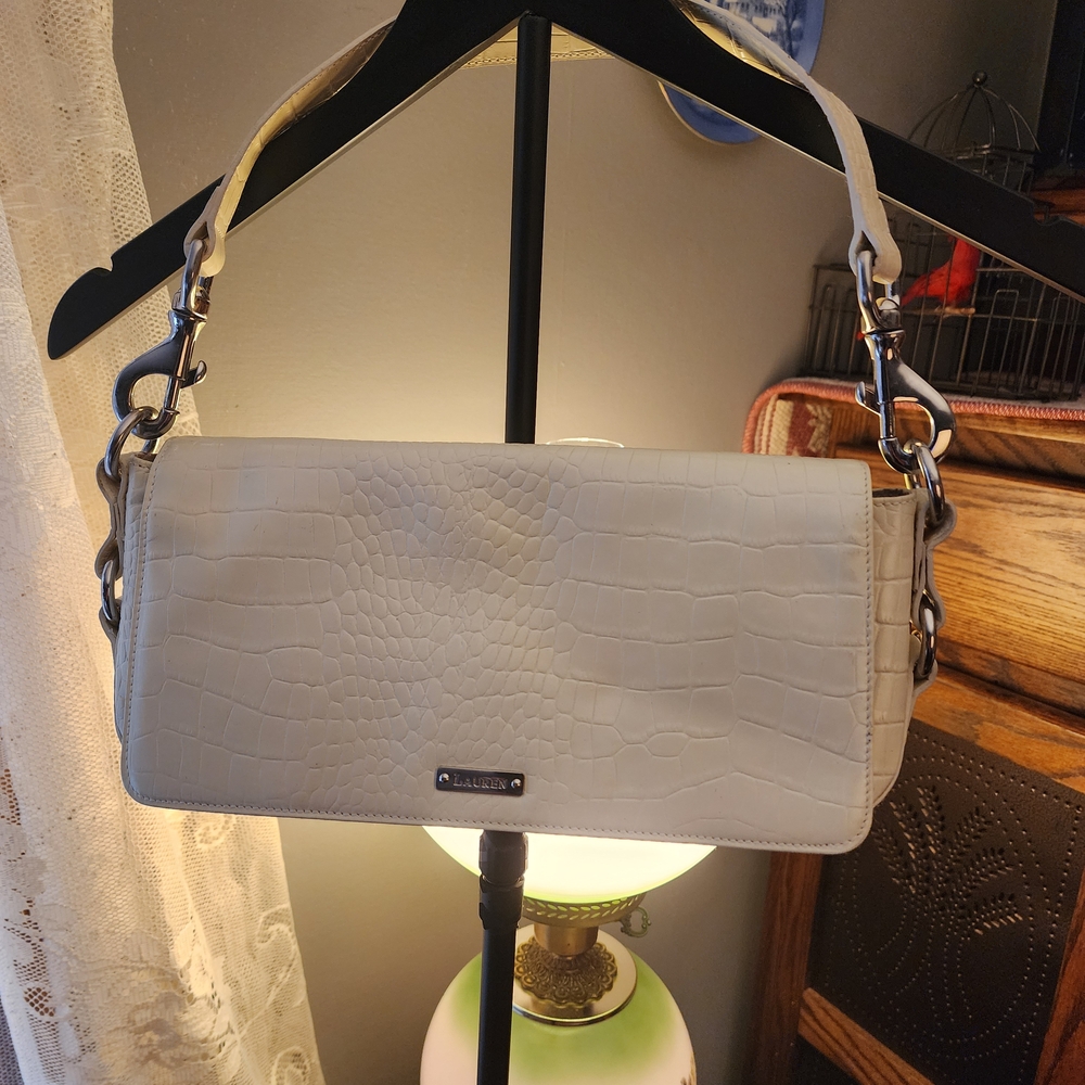 Ralph Lauren Cream Crocodile-Embossed Faux  Shoulder Bag